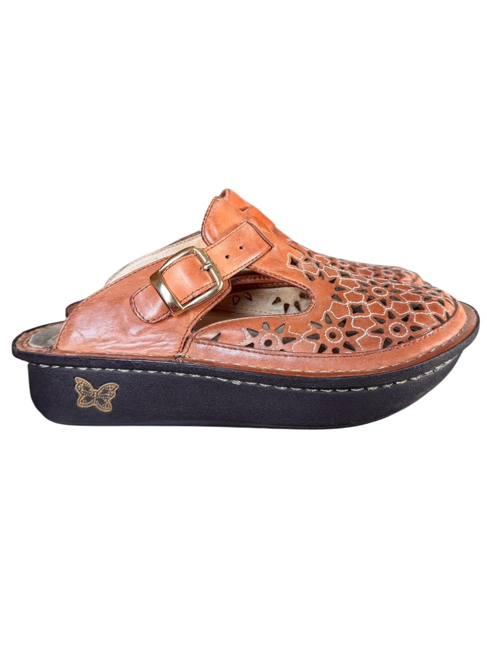Alegria by PG Lite 35 Brown Leather Floral Laser-Cut Platform Sandals Comfort